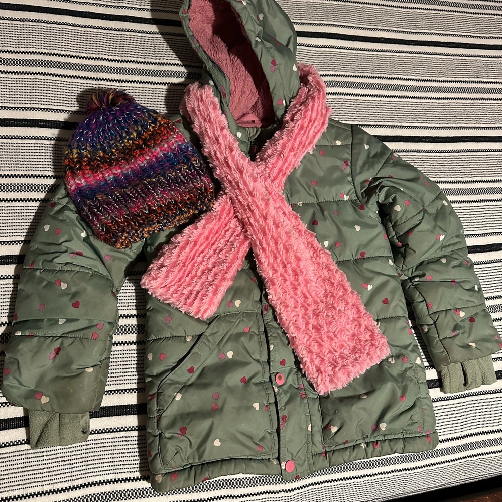 Cat & Jack Multicolor Knit Hat with Pink and Green Jacket